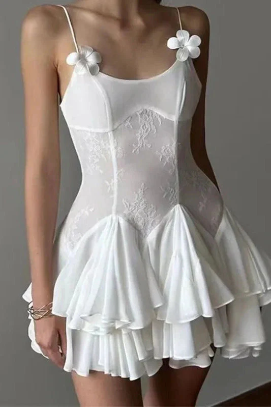 Classy Spaghetti Straps Chiffon Lace A Line Short 16th Birthday Outfits,White Formal Graduation Homecoming Dress SP2644