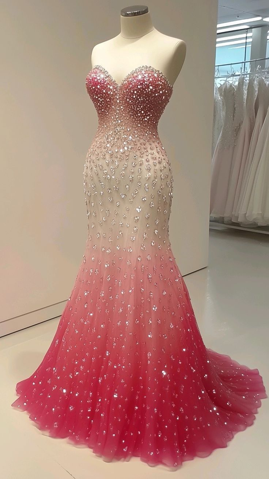 Sexy Mermaid Ombre Pink Tulle Sequin Beaded Long Wedding Dress Y9334