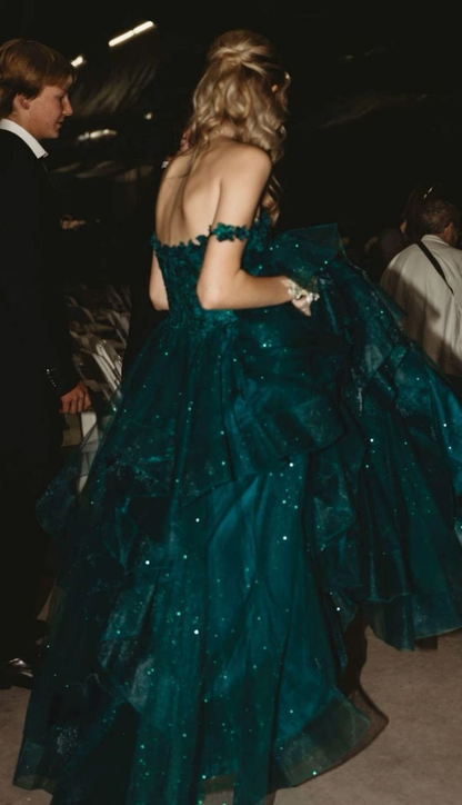 Charming Off The Shoulder Tulle Sequin Appliques Long Party Dress Emerald Green Wedding Guest Dress SP2168