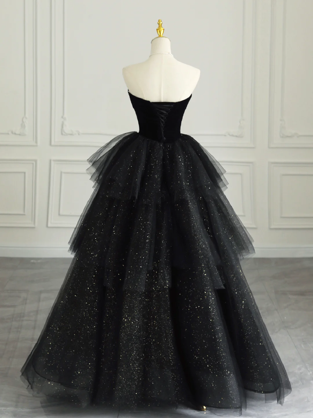 Black Strapless Tulle Formal Dress with Velvet, A-Line Sweetheart Neck Long Prom Dress  Y4434