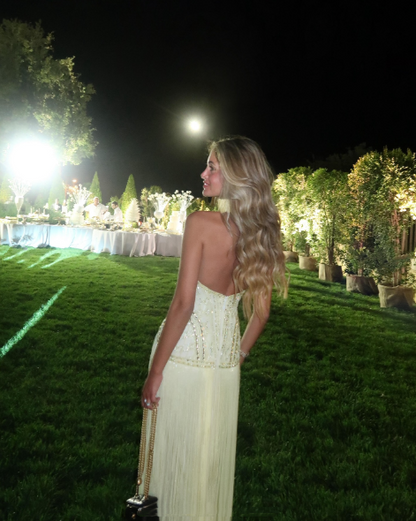 Glamorous Yellow Halter Beaded Tassel Long Birthday Prom Gown Party Dress SP1116