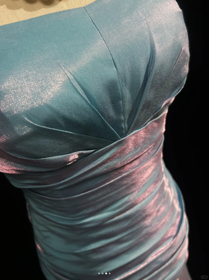 Dreamy Strapless Satin Pleated Mermaid Long Birthday Prom Dress Evening Gown,Blue Wedding Guest Dress SP1436