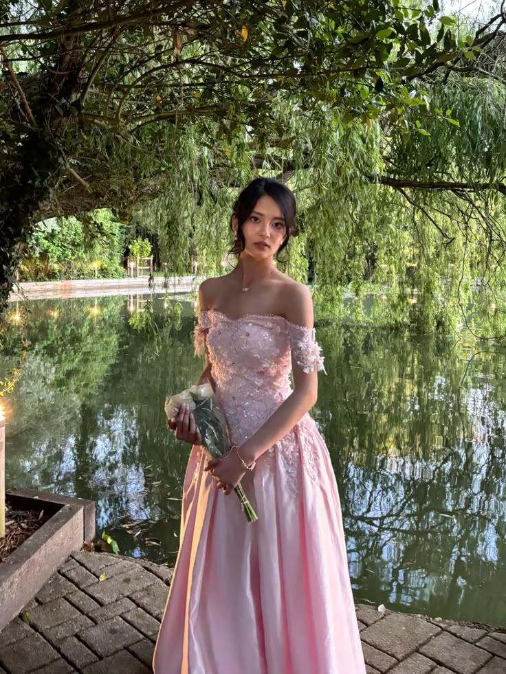 Pretty Pink Satin Appliques A Line party Dress,Off The Shoulder Long Wedding Guest Dress SP3137