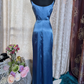 Classy Spaghetti Straps Blue Satin Long Wedding Guest Dress Formal Birthday Evening Dress SP1887