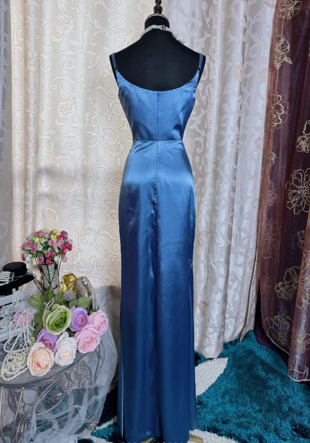 Classy Spaghetti Straps Blue Satin Long Wedding Guest Dress Formal Birthday Evening Dress SP1887