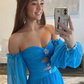 Blue Chiffon A-Line Off the Shoulder Formal Dress, Blue Puff Sleeve Evening Dress with Split Y4890