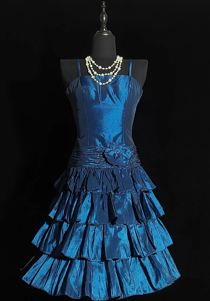 Vintage Spaghetti Straps Blue Satin Pleated Layered A Line Short Homecoming Dress Birthday Outfits SP437