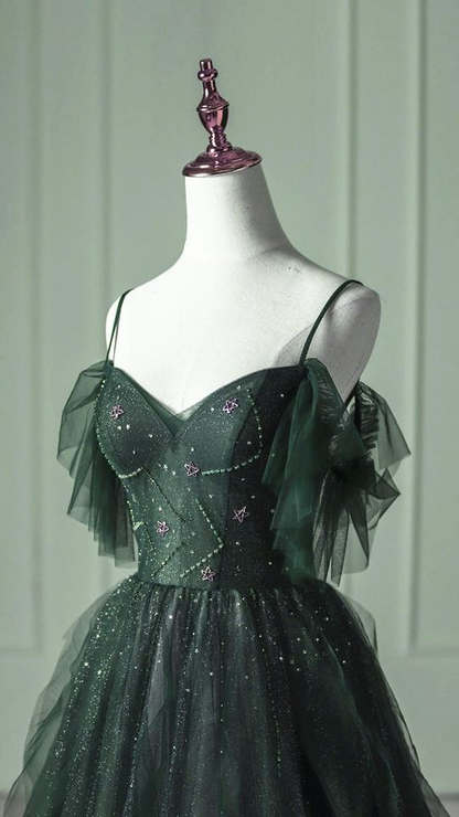 Dark Green Ombre Straps Tulle Layered Long Prom Dress,Green Formal Dress Y4473