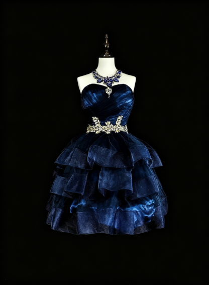 Fashion Navy Blue Satin Tulle Beaded A Line Short 6th Grade Homecoming Dress,Mini Prom Dress SP3387