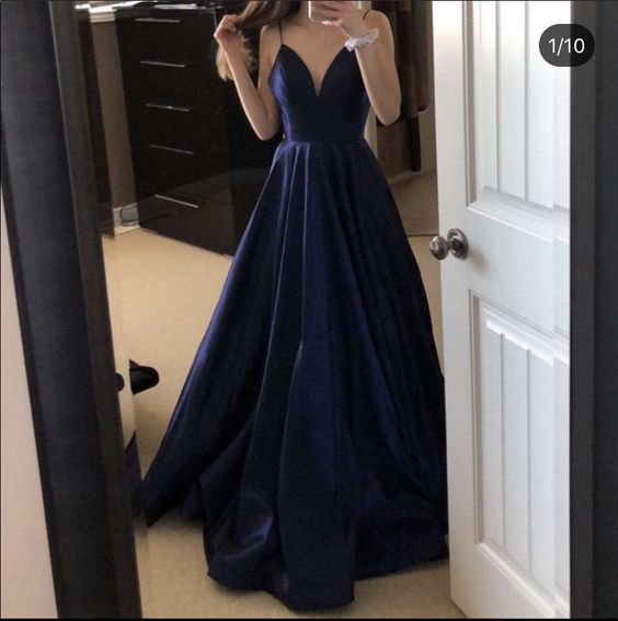 A-line Spaghetti Straps Long Prom Dresses, Navy Blue Long Prom Dresses Y6777