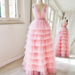A Line Pink Layered Tulle Long Prom Dresses Y3069