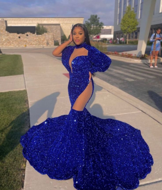 Blue Sequins Prom Gown,Wedding Reception Gown,Shimmery Dresses Y6656