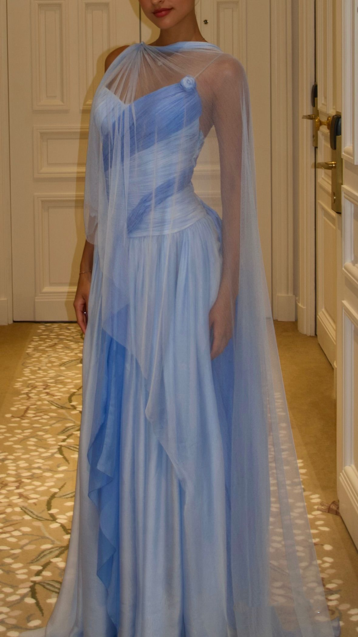 Classy Spaghetti Straps V Neck Chiffon Tulle A Line Long Prom Dress,Blue Long Birthday Party Gown SP3340