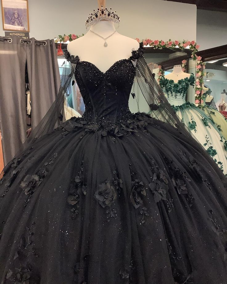 Black Ball Gown Quinceanera Dresses with Flowers,Sweet 16 Dresses Y5753