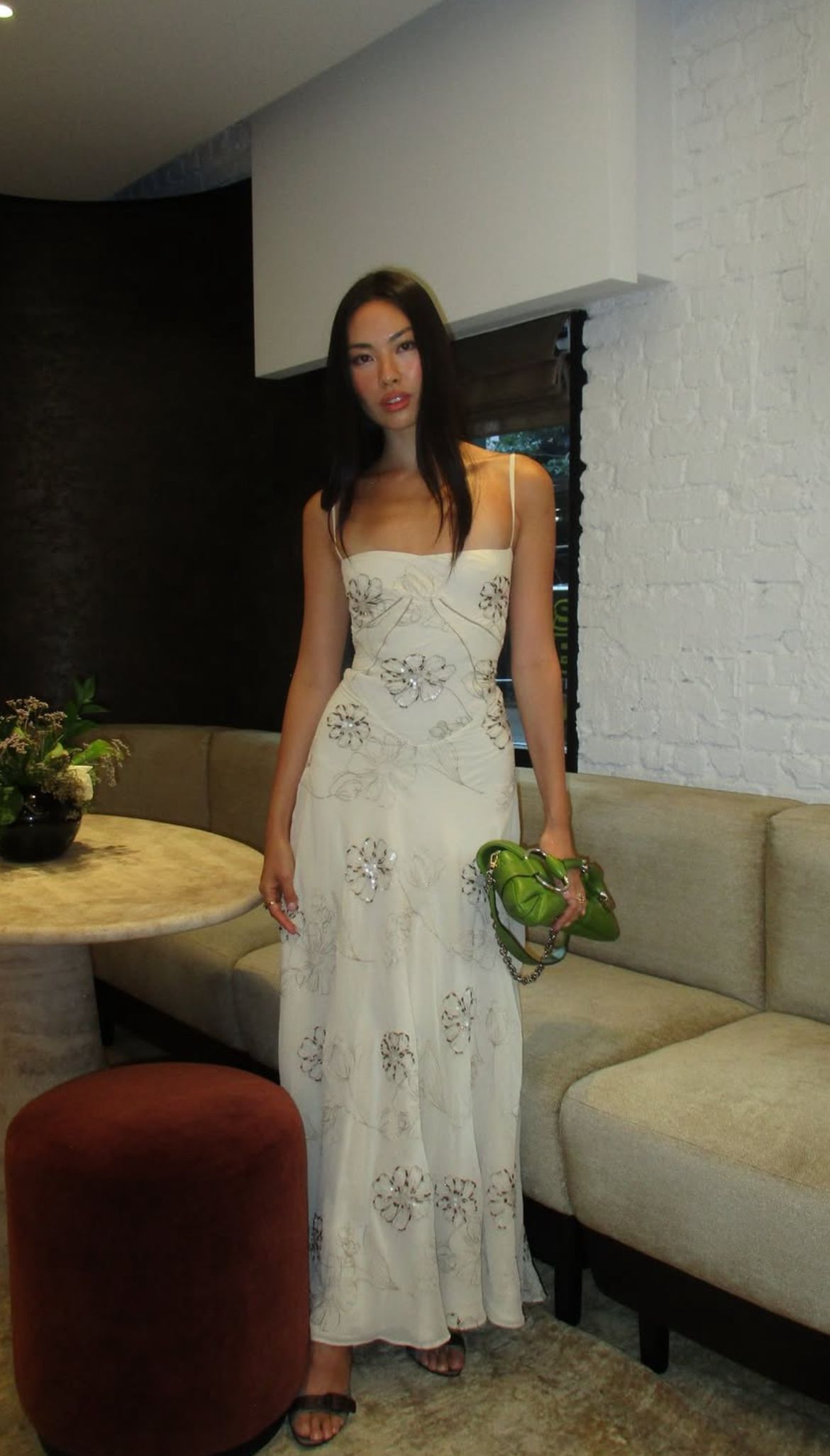 Elegant Spaghetti Straps Chiffon Sequin Flowers White Long Wedding Guest Dress Evening Gown SP789