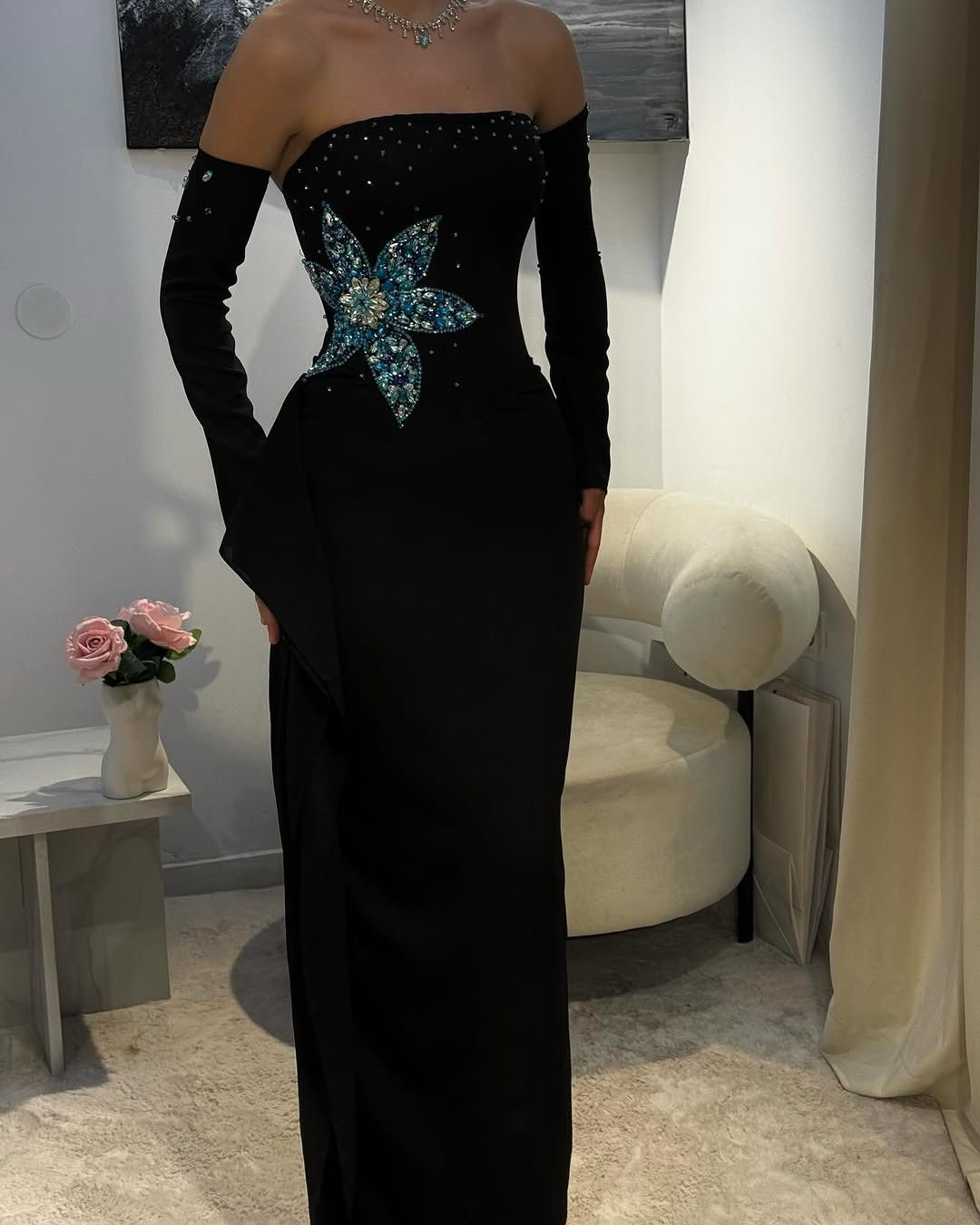 Gorgeous Black Strapless Satin Sheath Beaded Long Evening Dress Birthday Prom Gown SP1013