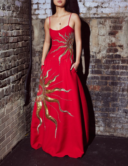 Luxury Red Satin Gold Sequins Prom Dress,Formal Evening Dress Y8200