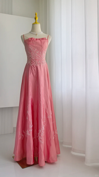 Glamorous Spaghetti Straps Pink Satin Beaded Long Party Dress Formal Wedding Guest Dress SP2325