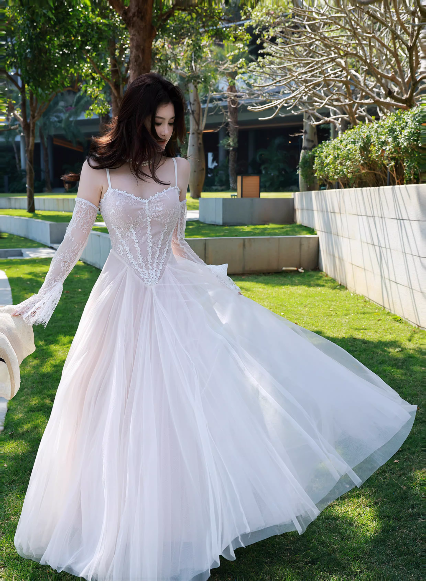 Pretty Pale Pink Spaghetti Straps Tulle Lace Appliques ALine Long Party Dress Birthday Dress SP1975