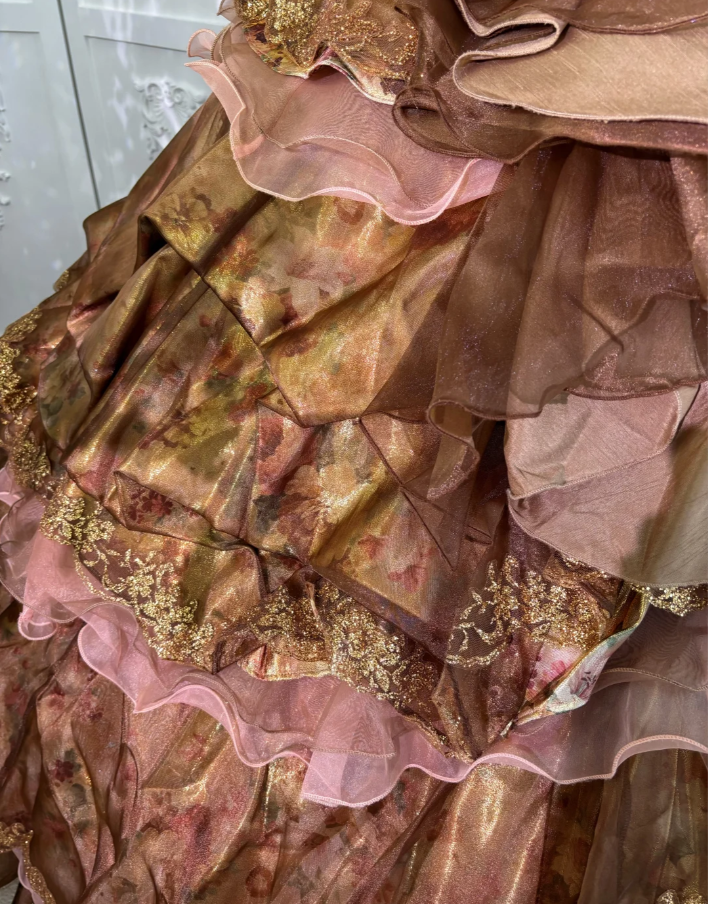 Vintage Caramel Brown Ball Gown Spaghetti Straps Satin Tulle Pleated Layered Long Birthday Quinceanera Dress SP1461