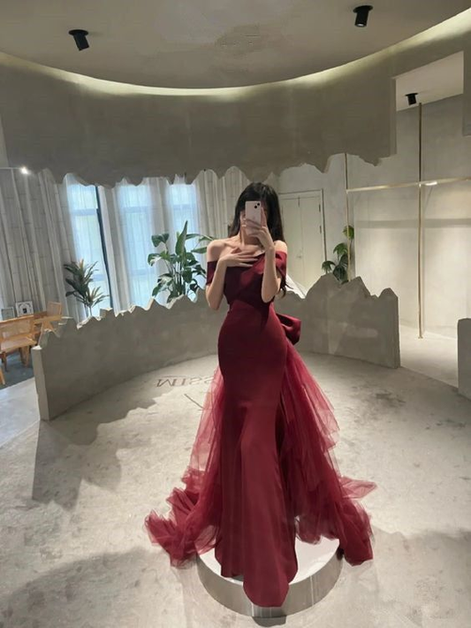 Mermaid Off Shoulder Evening Dress with Bow Burgundy Prom Dress Y7181