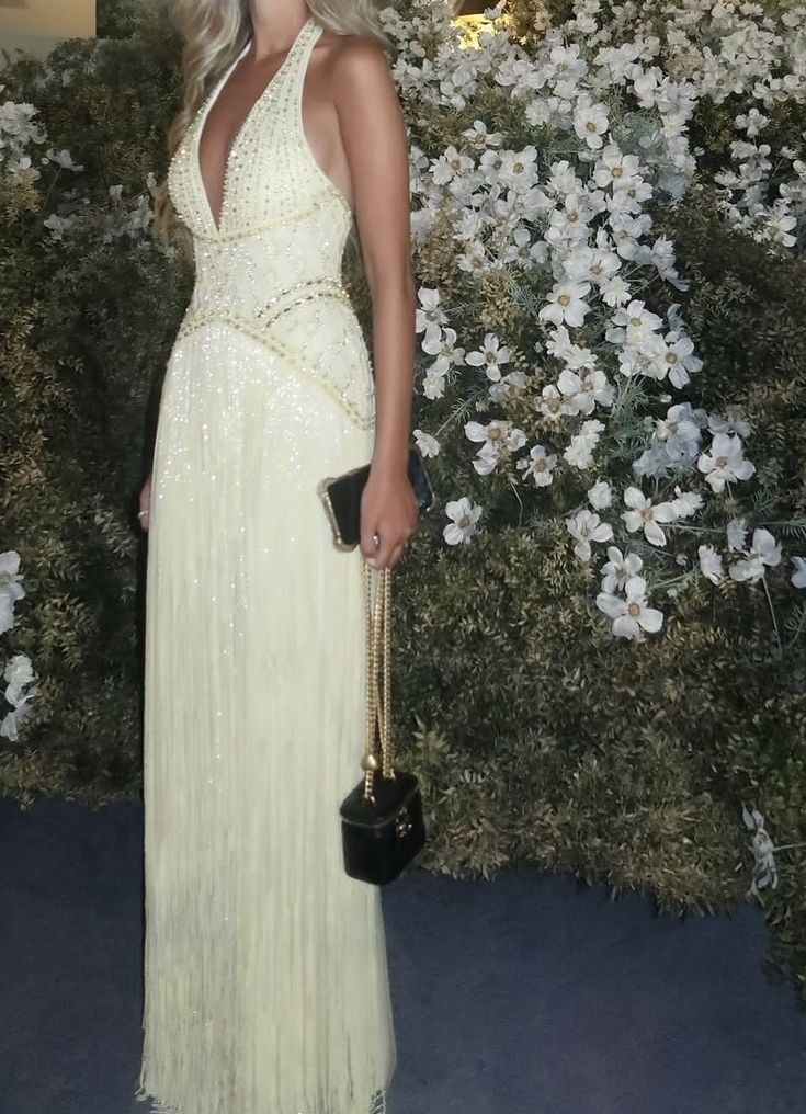 Glamorous Yellow Halter Beaded Tassel Long Birthday Prom Gown Party Dress SP1116