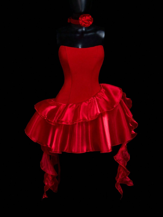 Pretty Red Strapless Satin Ruffles A Line Short Graduation Homecoming Dress Birthday Outfits Y9164