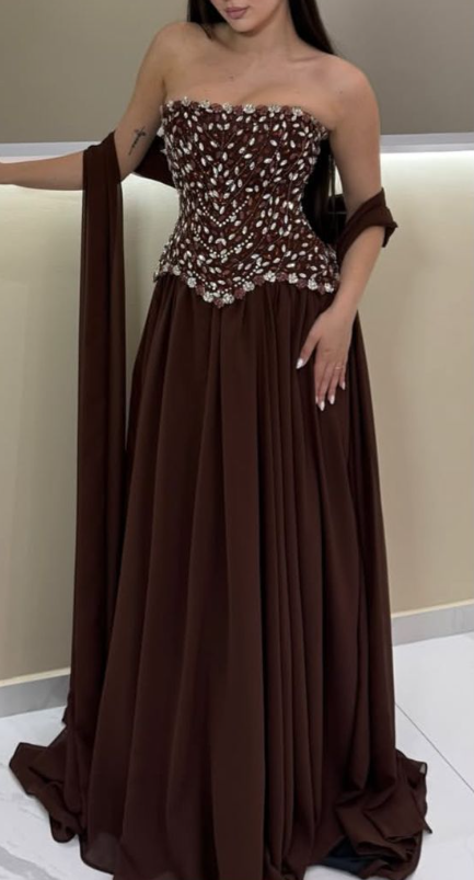Gorgeous Brown Strapless Chiffon Beaded Long Wedding Guest Dress Formal Evening Dress With Scarf SP1357