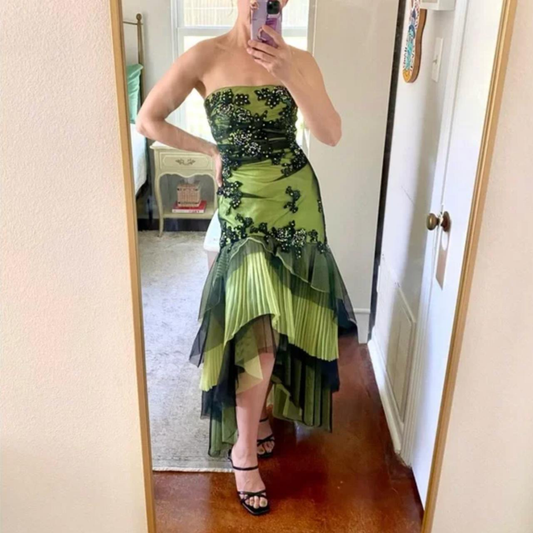 Vintage Strapless Green Tulle Sequin Appliques Long Birthday Party Dress Formal Prom Dress Y9717