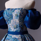 Blue Printed Long A-Line Prom Dress, Blue Off the Shoulder Formal Evening Dress Y4605