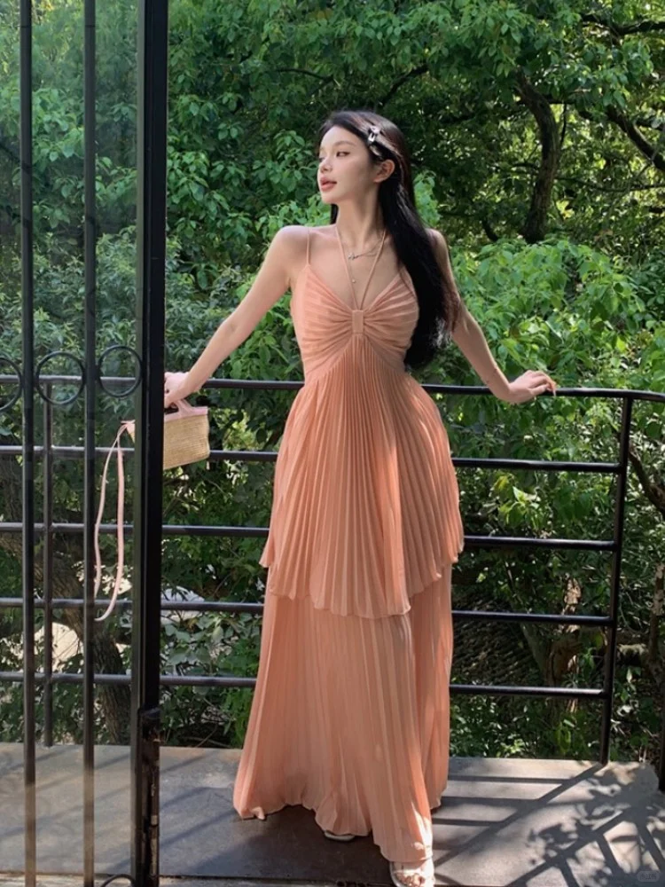 Classy Pink Orange Spaghetti Straps V Neck Chiffon Pleated Layered A Line Long Evening Dress Prom Dress SP2293
