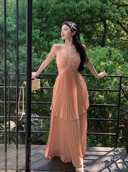Classy Pink Orange Spaghetti Straps V Neck Chiffon Pleated Layered A Line Long Evening Dress Prom Dress SP2293