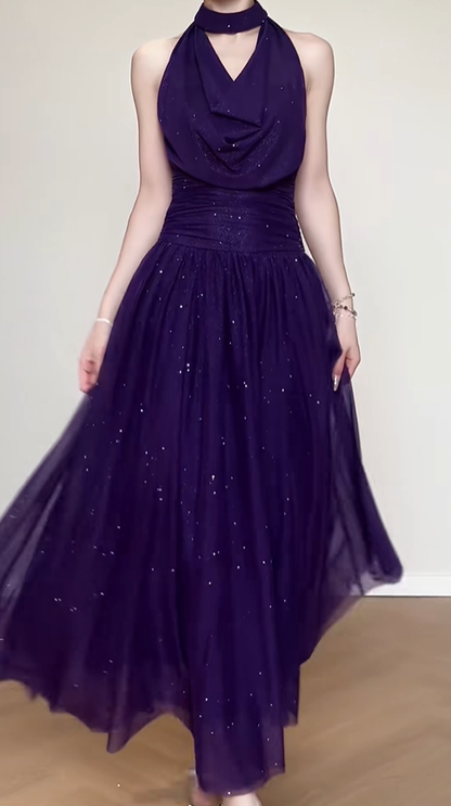 Shiny Halter Purple Tulle Sequin A Line Long Birthday Outfits Backless Evening Dress SP622