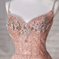 Glitter Pink Tulle Sequins Beaded Prom Dress,Spaghetti Straps A Line Evening Dress Y8619