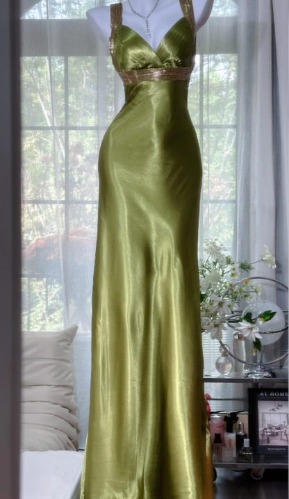 Fashion Olive Green V Neck Satin Sequin Mermaid Long Evening Dress Backless Birthday Prom Dress SP1669