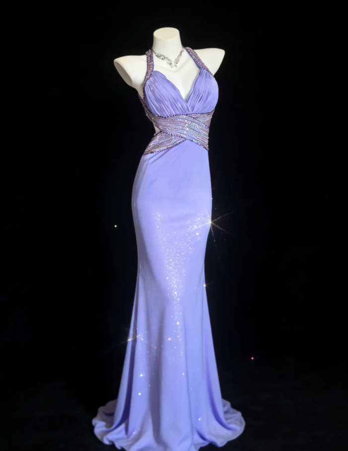 Classy Purple Halter Satin Sequin Beaded Mermaid Evening Dress Backless Long Party Gown SP1597