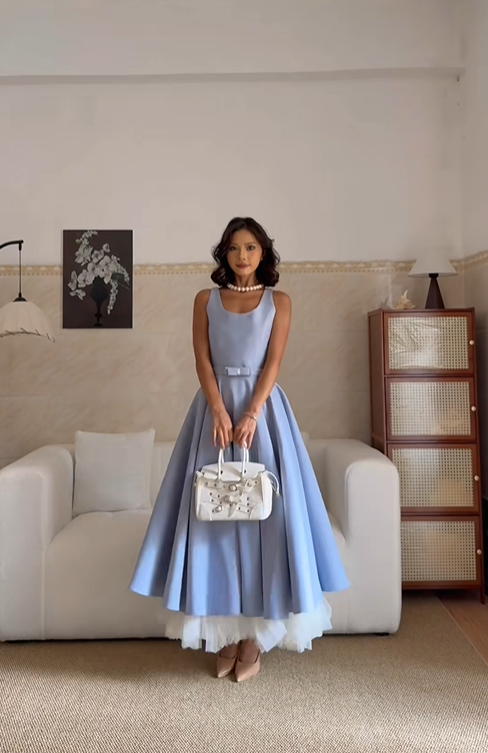 Classy Blue Satin Tulle A Line Long Party Dress Birthday Prom Dresses SP2072
