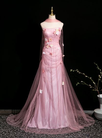 Pretty Pink Tulle Appliques Wedding Dress,Strapless Mermaid Party Evening Dress Y8714
