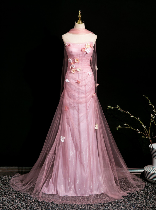 Pretty Pink Tulle Appliques Wedding Dress,Strapless Mermaid Party Evening Dress Y8714