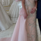 Gorgeous Pink Off The Shoulder Organza Beaded Mermaid Prom Dress Long Party Dress With Feathers SP582