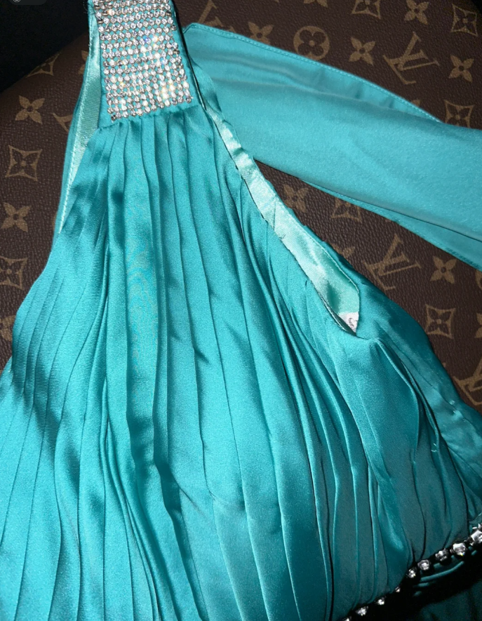 Unique One Shoulder Blue Satin Beaded Mermaid Evening Dress Long Birthday Prom Dress SP1068