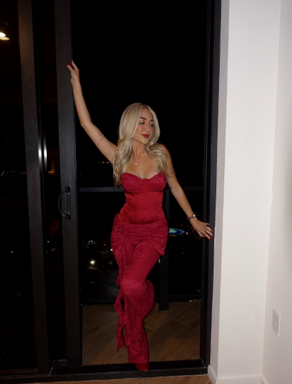 Sexy Burgundy Lace Birthday Outfits Evening Dress Two Piece SP872