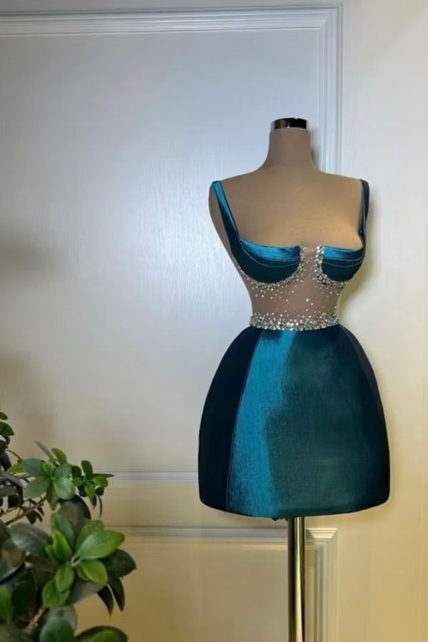 Fashion Satin Sleeveless Spaghetti Strap Beaded Homecoming Dress Dark Teal Short Prom Dress SP3855