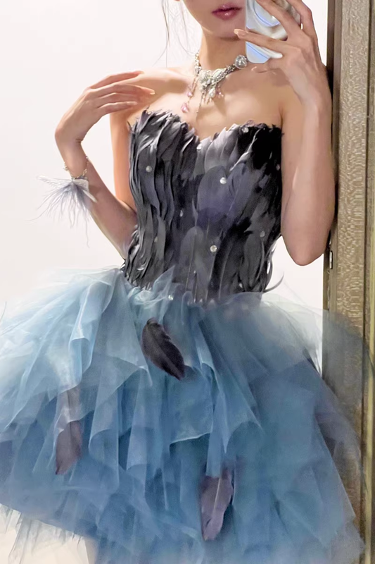 Vintage Strapless Blue Tulle Feathers A Line Short 20th Birthday Outfits Formal Homecoming Dress Y9561