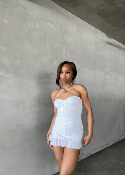 White Bodycon Dress With Ruched,White Mini Homecoming Dress,Y2443