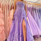 Pretty Lavender Spaghetti Straps A-Line 3D Lace Floral Long Prom Dress A Line Evening Dress Y7935
