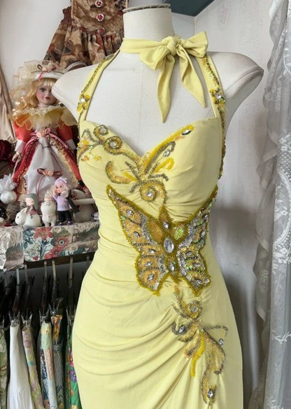 Elegant Yellow Mermaid Halter Neck Sequin Diamond Long Prom Dress,Backless Slit Evening Dress Y8554