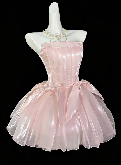Sweet Pink Satin Tulle Bow A Line Short 7th Grade Homecoming Dress,Strapless Mini Prom Dress SP3527