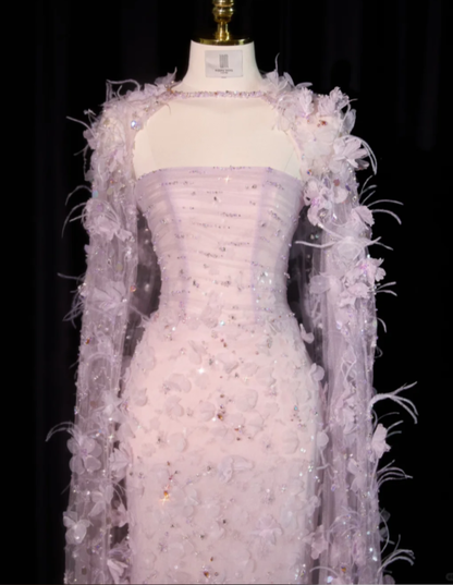 Pretty Purple Strapless Tulle Beaded Appliques Sheath Long Evening Dress Birthday Dress With Feathers SP2240