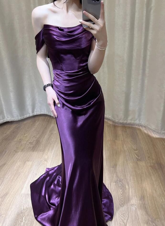 Off Shoulder Purple Satin Long Evening Dress Y7372